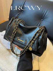女士单肩翻盖包，柔软PU皮革，时尚优雅复古简约金属配件设计，链条肩带，适合女士、女孩、大学生、休闲、通勤等场合，黑色 - 黑色 - 查看 2