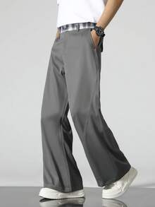 Men's Fashion Plaid Waistband Loose Flare Pants, Grey
