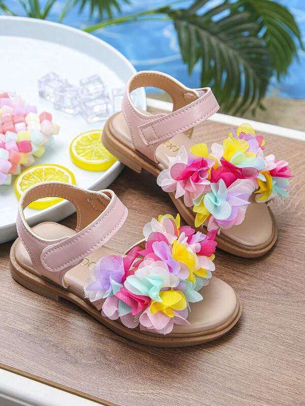 1 Pair Of Girls' Soft Bottom Hook And Loop Open Toed Colorful Mesh Flat Sandals Suitable For Daily Wear, Beach, Party, Campus And Other Occasions