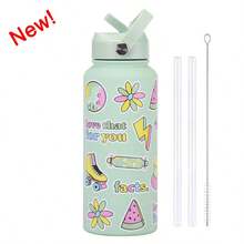 Owal-A 保温不锈钢水瓶 - 32 盎司防漏运动水瓶，配备双功能吸嘴、翻盖吸管和宽口设计 - 可保温 24 小时 - 非常适合健身、旅行和日常使用 - 彩色 - 查看 4