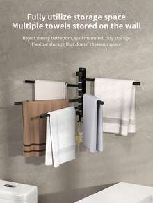 旋转式毛巾架，壁挂式，无需钻孔，多功能挂杆带挂钩，可选3/4/5杆，适用于浴室和厨房，可作毛巾架、抹布架、多功能浴室收纳架 - 黑色 - 查看 4