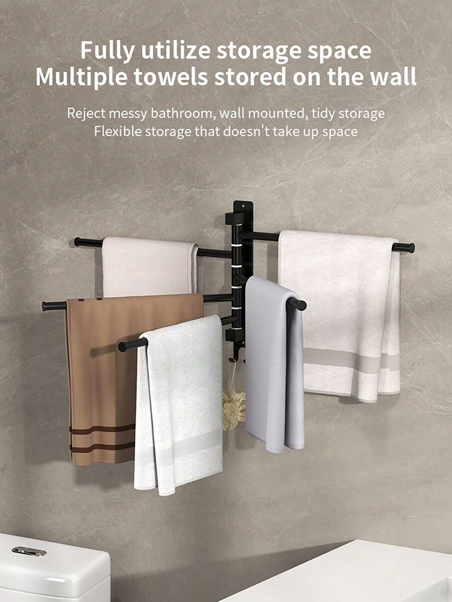 1pc Bathroom Wall-Mounted Rotating Towel Rack, Drill-Free Multi-Function Hanging Rod With Hooks, 3-Rod/4-Rod/5-Rod Options, Suitable For Bathroom And Kitchen, Towel Rack, Dishcloth Rack, Multi-Function Bathroom Organizer - Black - View 1
