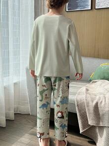 2pcs/Set Autumn Cartoon Dinosaur Print Pajamas For Boys, Round Neck Skin-Friendly Comfortable Long Sleeve Long Pants Set For Big Kids - Green - View 2