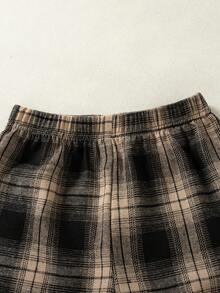 Girls Casual Plaid Pattern Elastic Waist Pants, Suitable For Spring And Autumn - Khaki - View 3