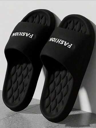 Men's Black Slippers - Fashionable Matching Multifunctional FASHION Letter Unisex Slippers, EVA Material Thick Soles, Waterproof, Non-Slip, Quick-Drying, Suitable For Indoor And Outdoor Wear, Casual Couple Slippers/House Slippers For Summer, Non-Slip For Hotel, Bathroom, Bedroom, Indoor, Outdoor, Beach, Swimming, Fashionable Style, Plus Size, Comfortable, Open-Toe Men's Sandals, Comfortable Slide Slippers Essential For Apartment, Hotel, Bedroom, Office