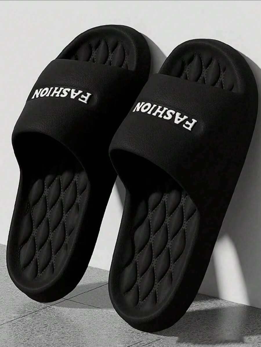 Men's Black Slippers - Fashionable Matching Multifunctional FASHION Letter Unisex Slippers, EVA Thick Sole, Suitable For Indoor And Outdoor Wear, Casual Couple Slippers/House Slippers For Summer, Hotel, Bathroom, Bedroom, Indoor, Outdoor, Beach, Swimming, Fashion Style, Plus Size, Comfortable, Open Toe Men's Sandals, Essential Comfortable Slide Slippers For Apartment, Hotel, Bedroom, Office
