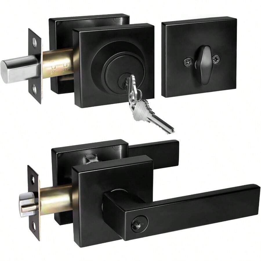 Square Exterior Door Handle With Deadbolt Matte Black Entry Door Locksets With Deadbolt Front Door Lock Set For Home And Office Reversible For Right And Left Sided Doors 1 Pack - BlackDoorHandleDeadboltSet - View 1