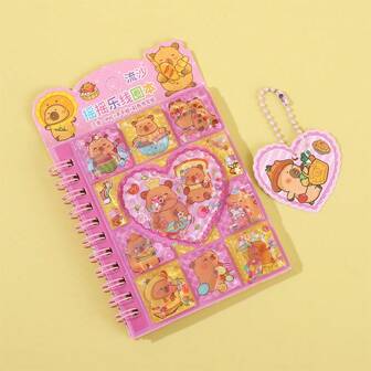Cuaderno espiral de 3 en 1 con líquido de agua y arena movediza con dibujos animados, accesorio de colgante, material de planificador para niños (color y estilo del accesorio enviado al azar)
