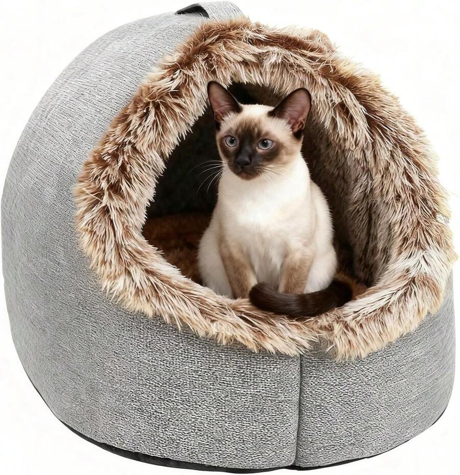 Cama cerrada para gatos, calmante, cama para perros pequeños, cueva para gatos con forro de felpa, casa para dormir interior para mascotas con cojín suave, gatito, cachorro, dormitorio pequeño, - Gris - Ver 1