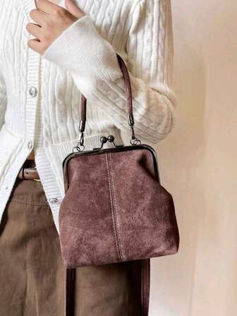 Vintage Faux Leather Crossbody Bag For Women, Retro Style Kiss Lock Mini Handbag With Adjustable Shoulder Strap, Solid Color Lightweight City Tote With Polyester Lining,For Couple