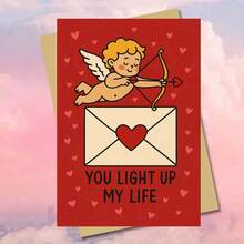 1pc Cupid With Heart Envelope You Light Up My Life Card Greeting Card Romantic Red Love Design With Angel Archer Illustration Perfect Valentine Expression Of Affection, Great For Friends, Lovers, Partners, Colleagues, Spouses, Special Someone