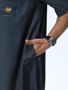 AL HARAMAIN MEN THOUB Four-Button Design, Fashion Collar Short Sleeve Style, Popular Arabic Men's Robe Prayer Outfit, Men's Elegant Arabic Robe - Soft Long Sleeve Prayer Outfit, Machine Washable, Suitable For All Seasons, Appropriate For Ramadan And Formal Religious Occasions | Round Neck Design | Smooth Texture - Navy Blue - View 7