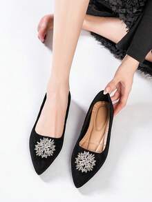 1双法国麂皮鞋，新款春秋季女鞋，尖头，水钻圆扣，平底鞋 - 黑色 - 查看 15