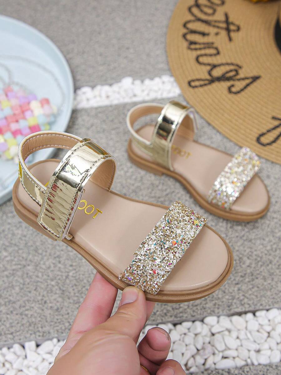 Latest Popular Item, Fashionable Hook And Loop Adjustable Girls' Flat Sandals, Suitable For Daily Wear, Camping, Beach, Party, Campus And Other Occasions - Gold - View 1