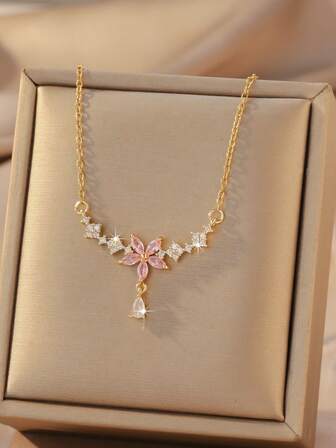 1pc Copper Zirconia Crystal Teardrop Flower Pendant Necklace, Elegant And Versatile Gift For Her, Suitable For Holidays