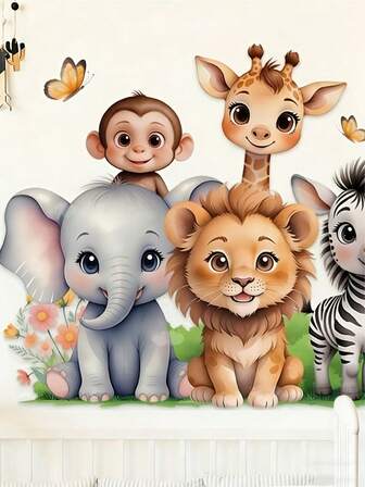1 pieza Vivos adhesivos de pared de animales africanos - Elefantes, jirafas, leones, cebras y mariposas, leones de dibujos animados lindos, elefantes, tigres, animales del bosque, nubes arcoíris, adhesivos de pared para habitaciones de niños, guarderías, dormitorios, salas de estar, sofás, adhesivos de pared de fondo, adecuados para niños y niñas, dormitorio, sala de estar, decoración de habitación de bebé, hechos de material de vinilo, hermosos y convenientes