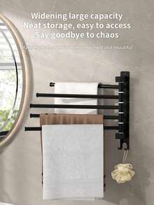 旋转式毛巾架，壁挂式，无需钻孔，多功能挂杆带挂钩，可选3/4/5杆，适用于浴室和厨房，可作毛巾架、抹布架、多功能浴室收纳架 - 黑色 - 查看 8