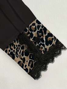 Women's Black Button Front Leopard Print Collar Lace Detail Long Sleeve Polyester Blouse Spring - Black - View 4