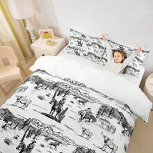 Western Cowboy Duvet Cover Set Queen SizeVintage Southwest Style Bedding Set Desert Cactus Cow Horse Animals Comforter Cover For Boys Girls Adult Room Decor Sketch Black White Quilt Cover 3Pcs - BlackWhite - View 3
