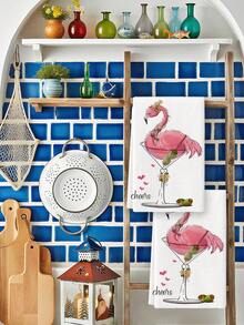 2Pcs Microfiber Cute Tea Towel Pink Flamingo Martini Glass Cheers Pattern Hand Towels For Coffee Bar & Everyday Use - Rose Red - View 6