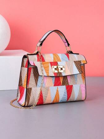 Chain Strap Square Crossbody Bag, Printed Handbag, Multi-Color Printed Purse For Women