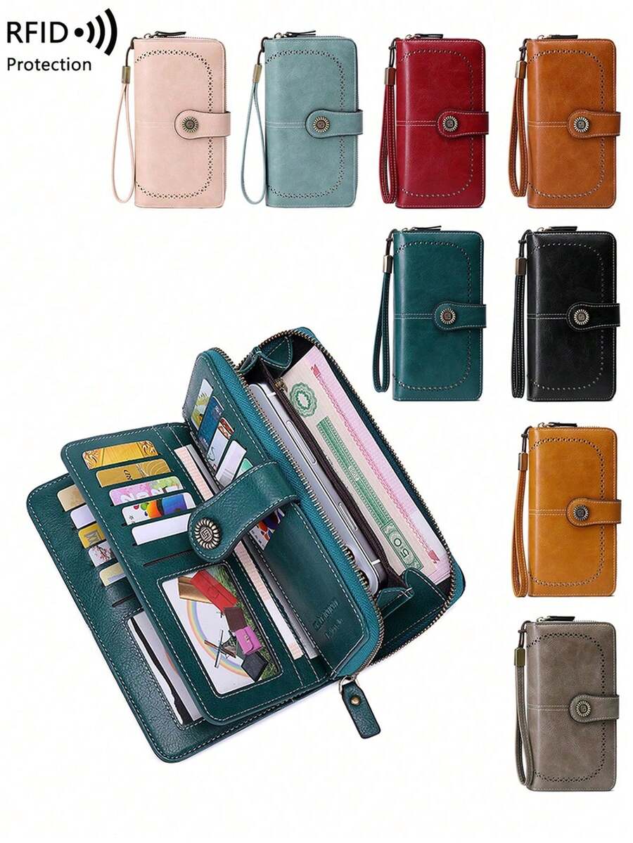 Secure RFID Blocking Large Capacity Three Fold Multi-Card PU Solid Color Zipper Buckle Wallet Multi-Functional Europe And The United States New Retro Women's With Wrist Strap Valentine's Day Gift For Wife And Girlfriend For Women Wallet Purse Wallet Long Wallet - màu đen - Xem 1