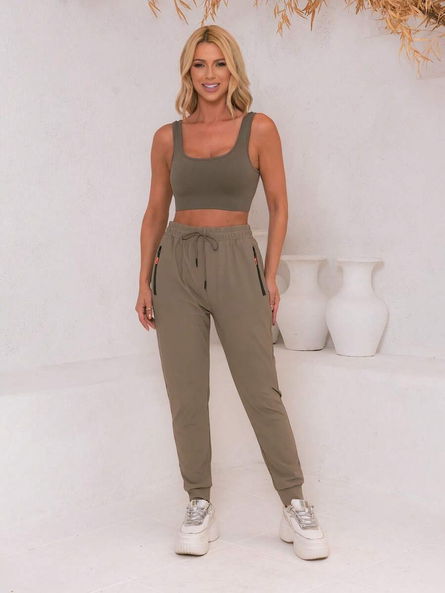 Women's Simple Pants With Knot, Pocket, And Drawstring - Orange - View 1