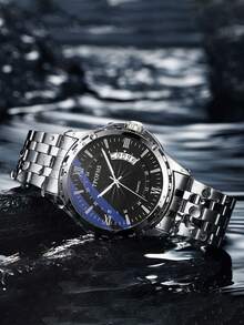 1pc Circular Calendar Luminous Quartz Stainless Steel Band Casual Business Men's Watch - one-size - View 8