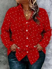 A Casual And Simple Style Adorned With Heart-Shaped Elements-This Plus-Size Women's Shirt Features A Heart Print All Over The Body, Suitable For All Seasons And Occasions Such As Valentine's Day And New Year's Parties. - Red - View 3