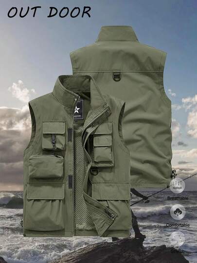 אפוד דיג קל משקל חדש לגברים, אפוד מגן מטען עם כתף אחת ומרובה כיסים, אביב/קיץ/סתיו