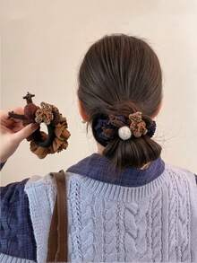 2个/1个波西米亚豹纹小熊毛绒发圈，优雅高马尾发绳，发饰，发圈，橡皮筋，发绳