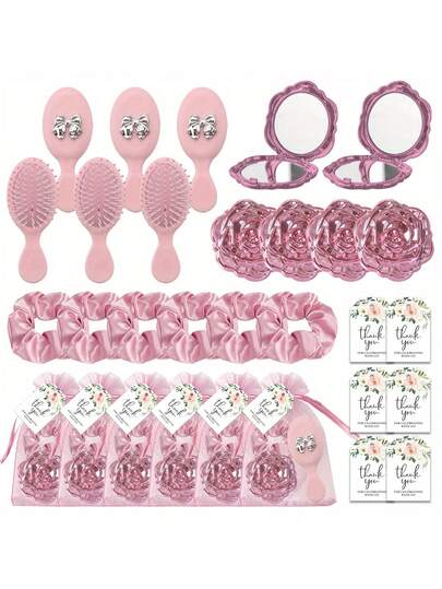 30件套派对礼品套装，包括6个电镀玫瑰花便携式折叠翻盖镜、6个带银色蝴蝶结装饰的圆形迷你气垫梳、6个大号发圈、花束袋、感谢卡套装，适用于新娘送礼会、生日礼物、过夜庆典纪念品。