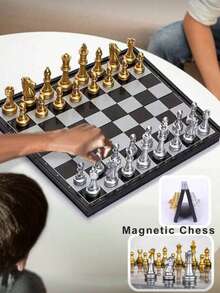 1 Set Magnetic Chess Set, Luxury Gold & Silver Foldable Chessboard, Portable Travel Chess Game, Giant Chess Dominoes, Transparent Chess Pieces, Chess Strategy Game, Suitable For Adults & Kids, Indoor/Outdoor Party Gift - Multicolor - View 3