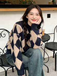 女士经典菱格纹针织套头衫，长袖罗纹针织上衣，中等弹力面料，常规长度，秋季保暖时尚 - 藏蓝色 - 查看 4