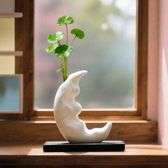 1pc Creative Moon-Shaped White Ceramic Vase With Wooden Base, Minimalist Home Decor For Tabletop Decoration