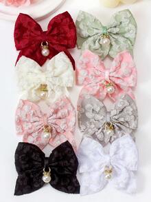 8件套复古纯色3D提花布料蝴蝶结、珍珠吊坠、花朵、燕尾装饰发夹，可爱女孩校园风发饰，适合日常佩戴和派对场合 - 彩色 - 查看 5