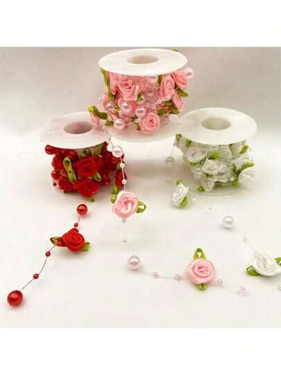 2-Meter Roll Valentine's Day Gift Wrapping Ribbon With Pink Rose Pearl Leaf Bead Embellishments And Satin Ribbon Garland. Ideal For Weddings, Parties, Home Crafts, DIY Accessories, And Gift Wrapping.