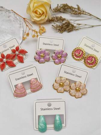 Bohemian-Style Stainless Steel Earring Set Of Various Retro Bohemian-Style, Handcrafted Mixed Color Pendants And Stud Earrings, Inoccidable Earrings Women Earring Sets, Dangle Earrings, Stainlees Steel Earrings