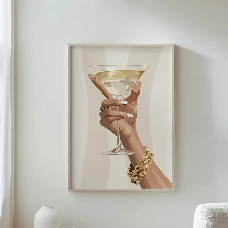 1pc Framed Canvas Wall Art, Fashionable Martini Glass Poster, Charming Wall Decor With Cocktail, Modern Champagne Pattern, Suitable For Kitchen Or Living Room, Bedroom Decor, Contemporary Home Decoration, Stylish Accessory, Dorm Decor, College Style Art, Living Room Decor, Kitchen Decor, Dining Room Decor - Multicolor - View 1