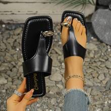 舒适休闲欧美风人字拖，平底趾环沙滩凉鞋，夏季新款 - 黑色 - 查看 12