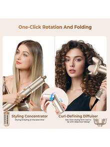 UKLISS 圣诞礼物：8合1离子美发造型梳，可折叠吹风机，带卷发、直发和蓬松造型配件，快速干发，温和护发 - 香檳色 - 查看 7