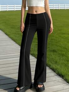 女士夏季休闲喇叭裤，侧拉链设计，适合健身、日常穿着和户外活动 - 黑色 - 查看 8