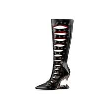 Nouveau style de gladiateur, fait main, dernier design ajouré avec rivets, confortable pour la randonnée et la danse, bottes à talons hauts asymétriques - Noir - Voir 8