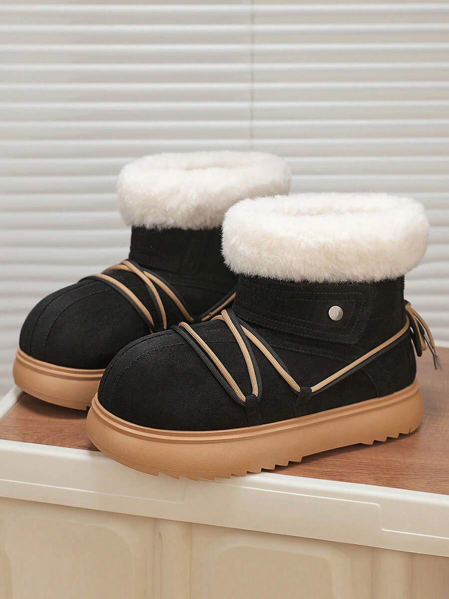 Men's Thick Sole Warm Fur Lined Snow Boots With Lace-Up Closure, Winter New Arrival - Black - View 1