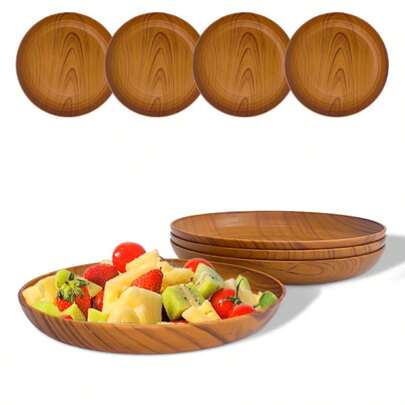 木目調プラスチック製プレート4枚セット、サラダ、パン、サンドイッチ、朝食、パスタ、ライス用、トレー、電子レンジ・食洗機対応、家庭、レストラン、パーティー、アウトドアキャンプ、キッチン日用品、休日必需品に適しています