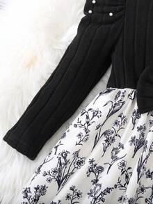 Young Girl Casual Knit Velvet Striped Beaded Shoulder Long Sleeve Round Neck Bow Patchwork Contrast Color Floral Print A-Line Hem Dress, Suitable For Daily, Home, Outdoor, Sports, Spring/Autumn - Black and White - View 8