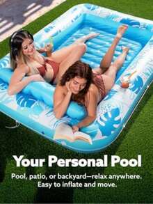 1个便携式充气日光浴池 - 蓝粉色，可拆卸垫子，无需充气泵，经久耐用，适用于家庭、海滩和泳池，可在漂浮游泳时放松身心，适合夏季水上派对，充气泳池 - 彩色 - 查看 11