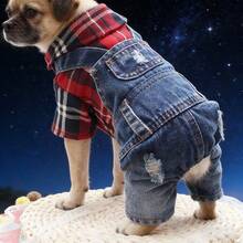 适合小型犬、泰迪犬、贵宾犬、幼犬的秋/春季薄款牛仔宠物服装 - 紅色 - 查看 6