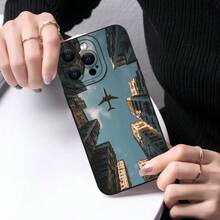 Black Matte Phone Case With City Skyline And Airplane Design.It Contains Precise Cutting Designs That Fully Protect Your Device.Compatible With IPhone 17, 16, 15, 14, 13, 12, 11, As Well As Plus And Pro Max Versions. - 黑色 - 查看 5