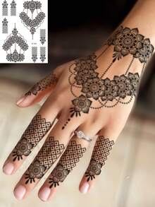 4片防水黑色蕾丝海娜临时纹身贴纸，适用于女性化妆、婚礼、节日、情人节、穆斯林服饰配饰 - 黑色 - 查看 3